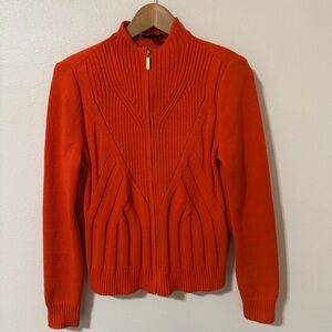St. John Wool Knit Zipper Cardigan Orange Ribbed Sweater Luxury Office-Small